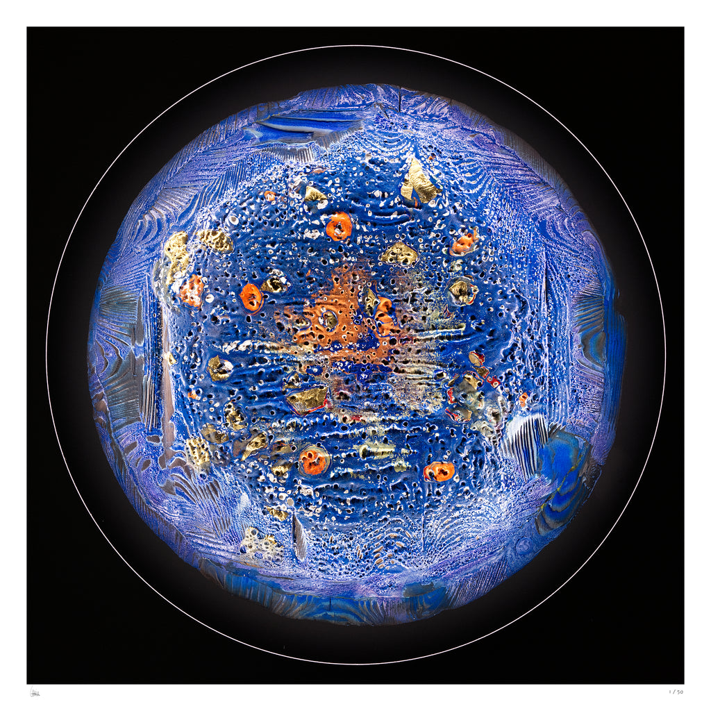 Beshine Burning Lightobject print by Thomas Girbl featuring ultramarine textures and gold elements