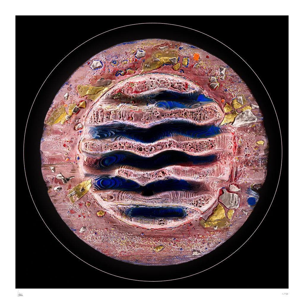 Pallaurumlight Burning Lightobject print by Thomas Girbl featuring layered pink textures and gold leaf